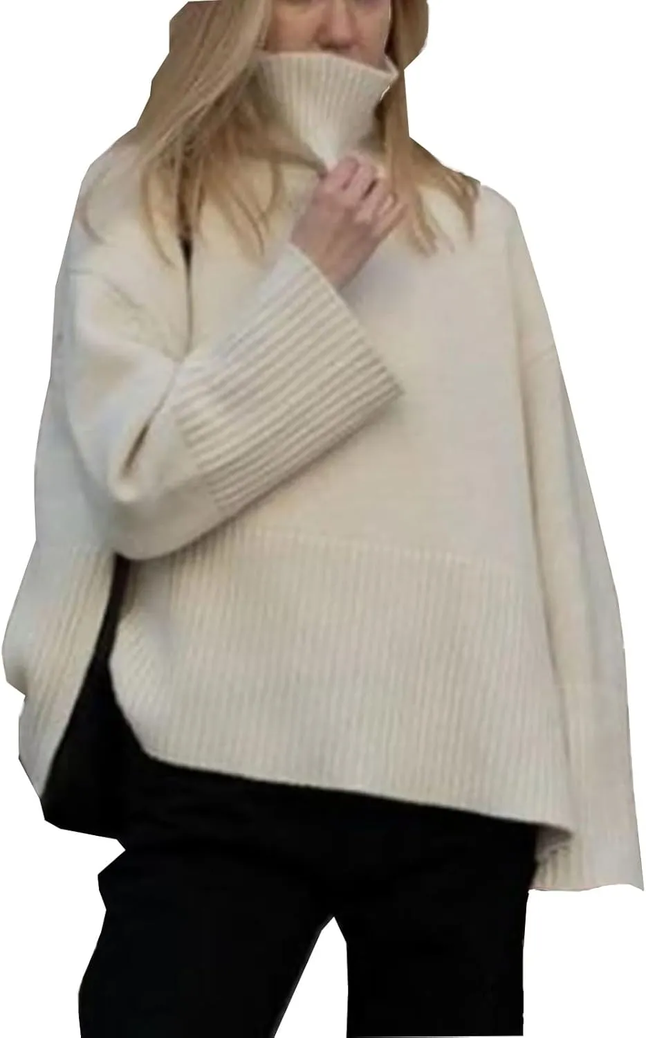 Women's Oversized Turtleneck Sweaters Solid Loose Knit 2024 Fall Batwing Sleeve Ribbed Tunic Sweater