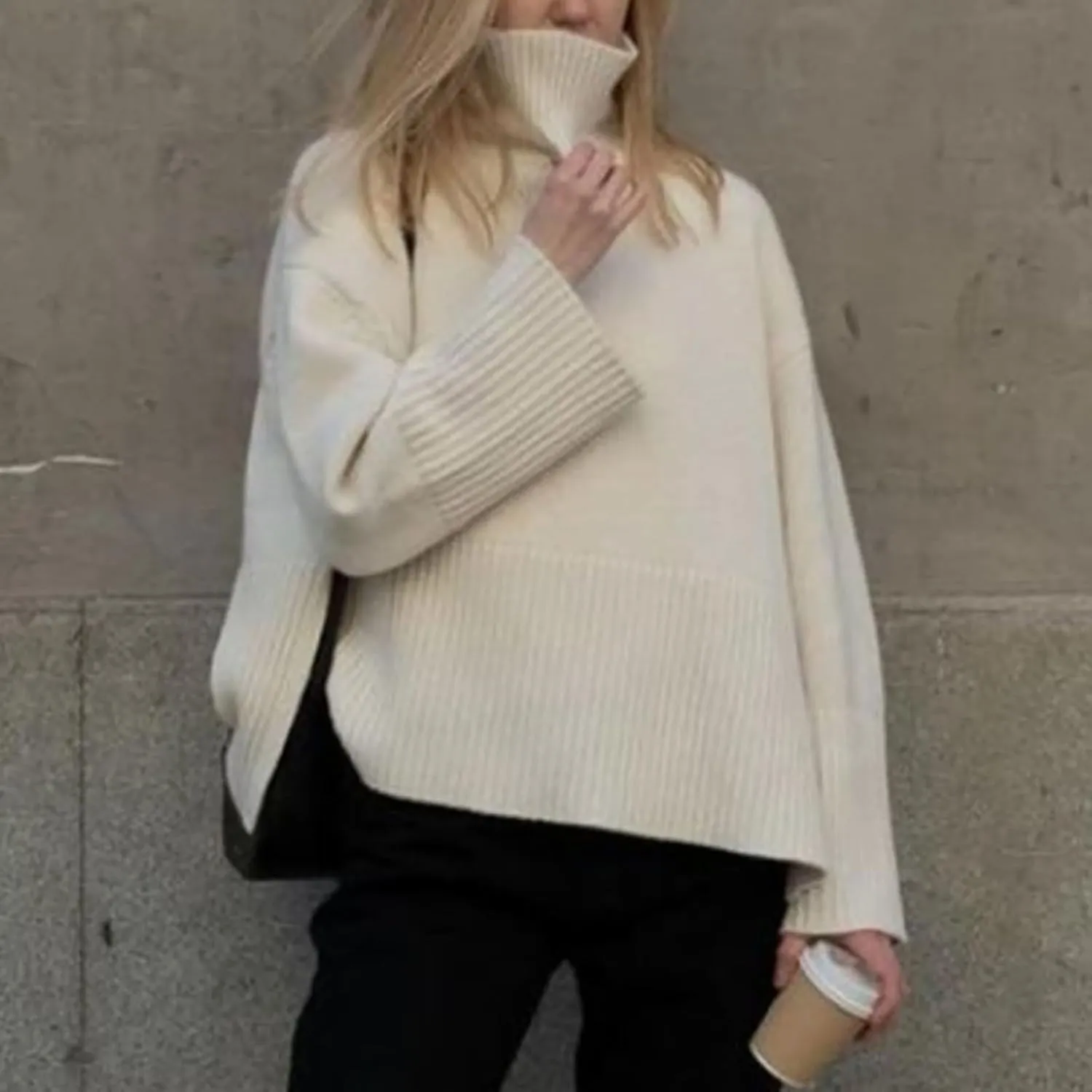 Women's Oversized Turtleneck Sweaters Solid Loose Knit 2024 Fall Batwing Sleeve Ribbed Tunic Sweater