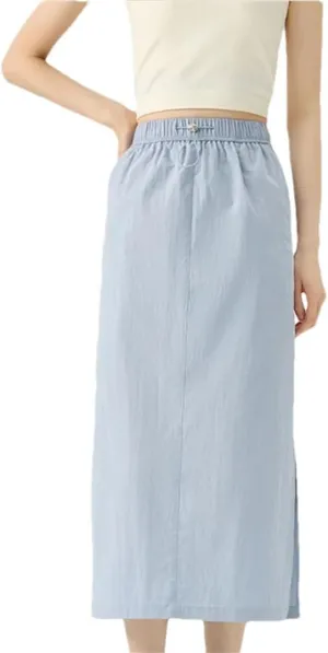 Womens Petite Side Slit Simple Commuting Cotton Midi Skirt for High Waist Slimming