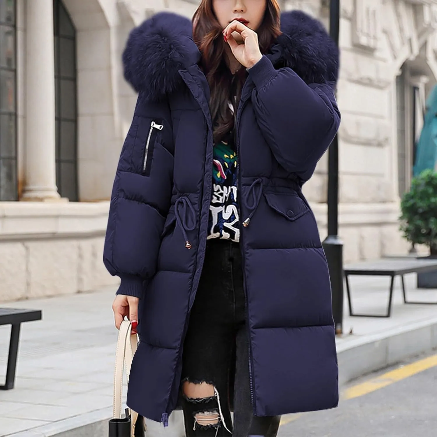 Womens Puffer Coat with Fur Hood Thicken Warm Long Quilted Down Jackets Plus Size Full Zip Windproof Parka Outerwear