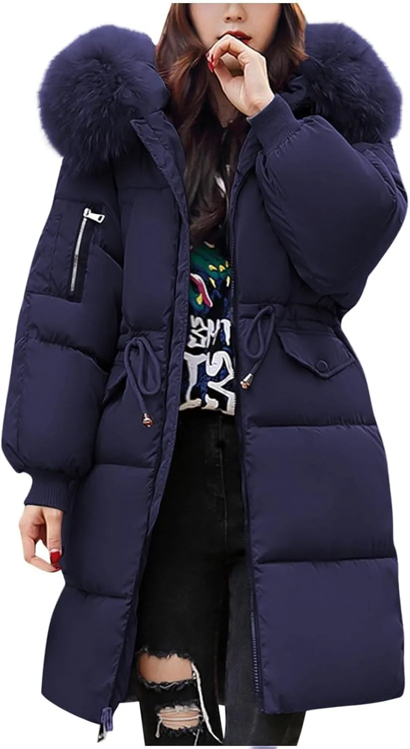 Womens Puffer Coat with Fur Hood Thicken Warm Long Quilted Down Jackets Plus Size Full Zip Windproof Parka Outerwear