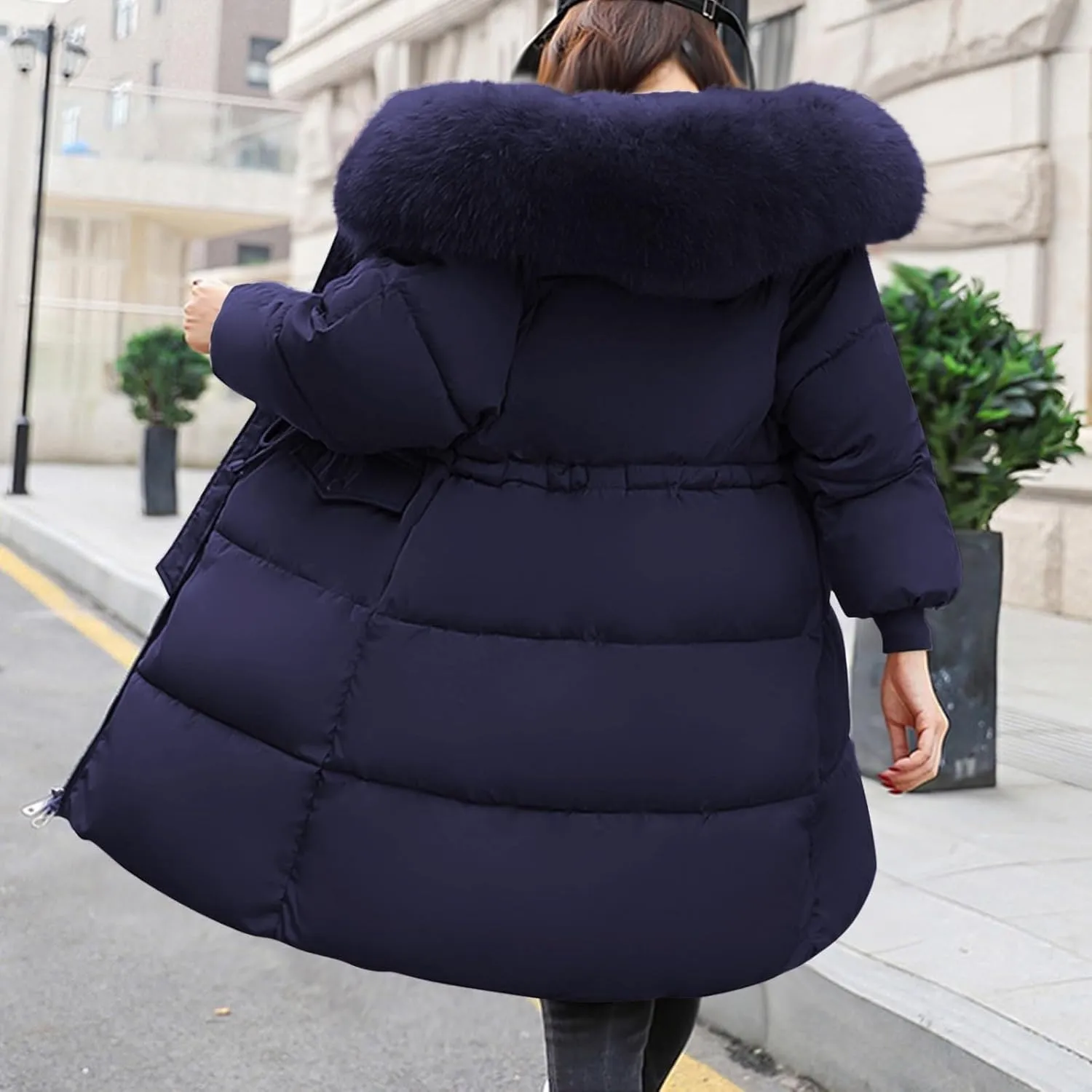 Womens Puffer Coat with Fur Hood Thicken Warm Long Quilted Down Jackets Plus Size Full Zip Windproof Parka Outerwear