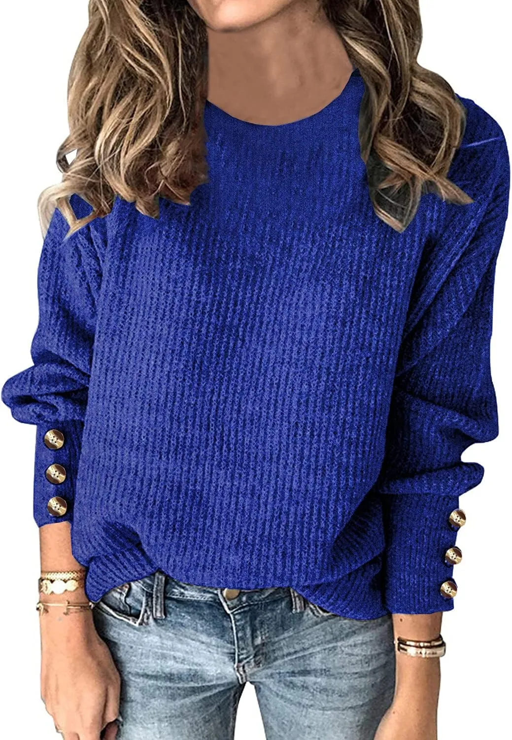 Womens Pullover Sweaters Batwing Long Sleeve Crewneck Casual Loose Knit Jumper Tops with Buttons