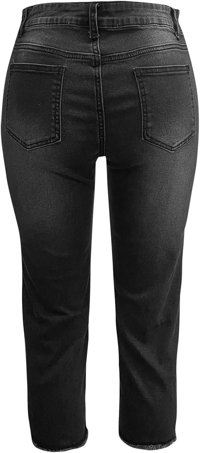 Women's Ripped Destroyed Skinny Jeans & Jeggings Pull-On Elastic Waist Stretch Denim Pants Regular-Plus Size