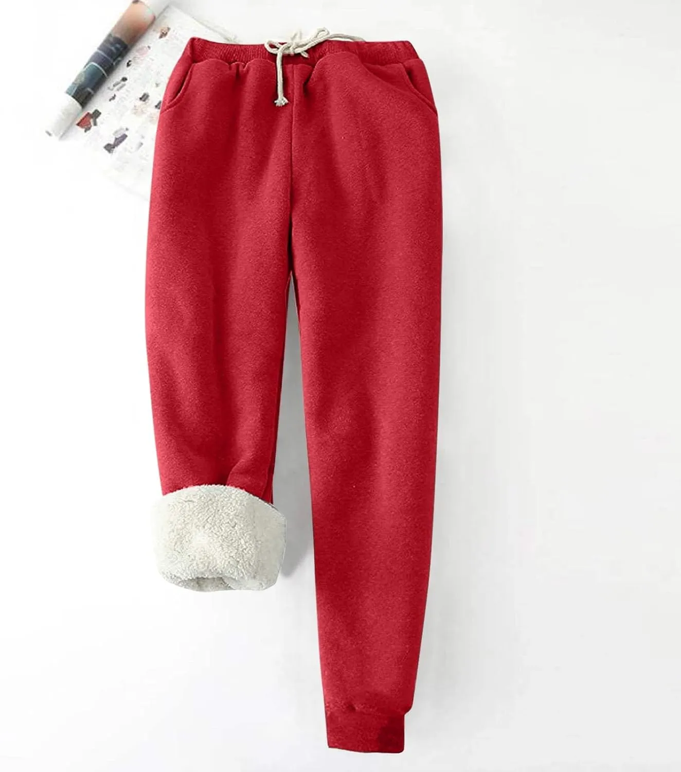 Women's Sherpa Lined Athletic Sweatpants 2023 Solid Color Drawstring Fleece Lined Winter Warm Joggers Lounge Trousers
