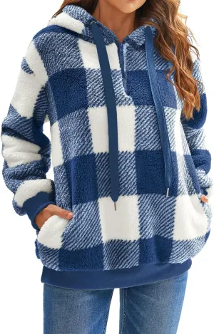 Womens Sherpa Pullover Hoodie Fleece Quarter Zip Sweatshirt Buffalo Plaid Fluffy Coat Outwear