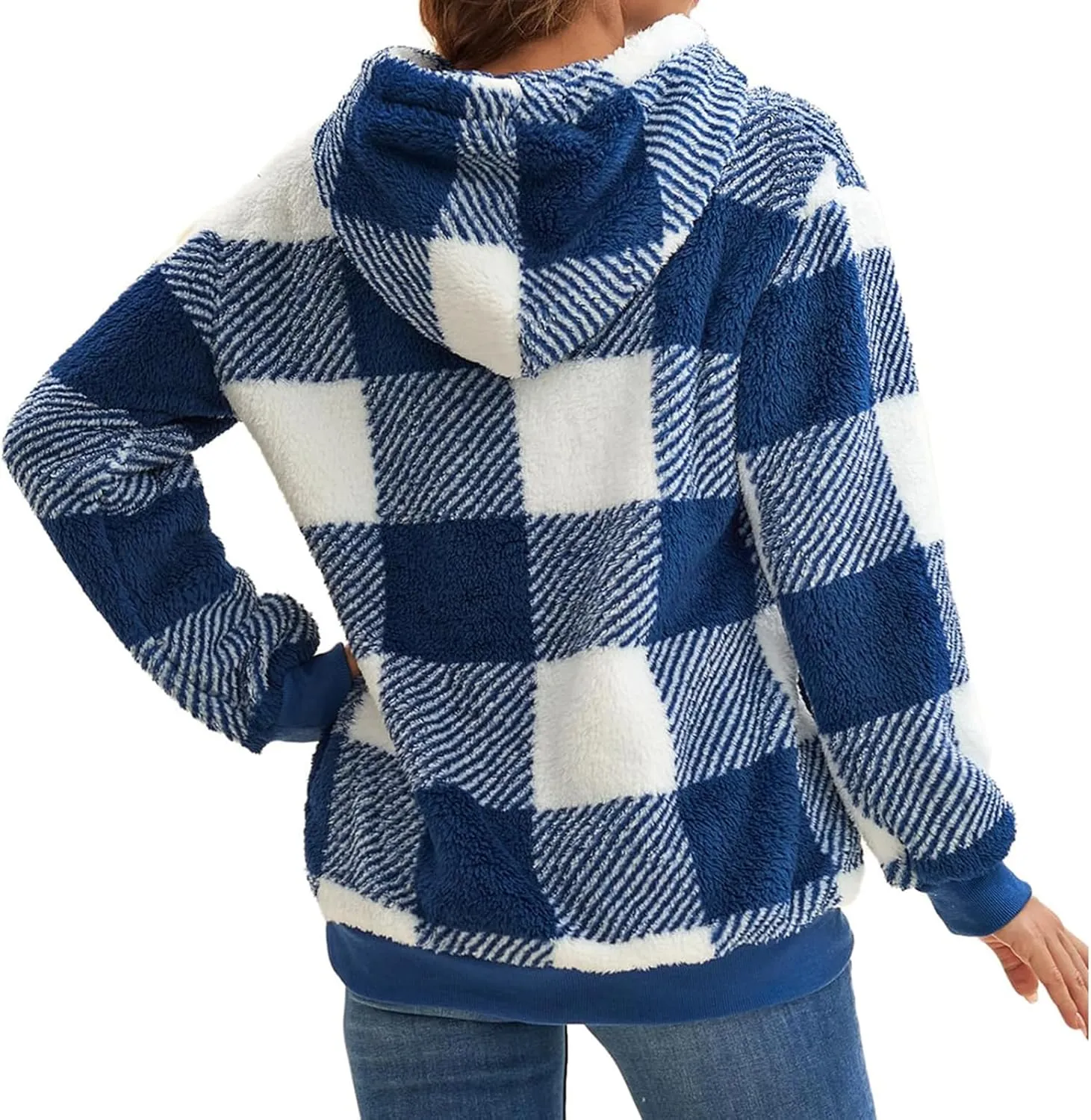 Womens Sherpa Pullover Hoodie Fleece Quarter Zip Sweatshirt Buffalo Plaid Fluffy Coat Outwear
