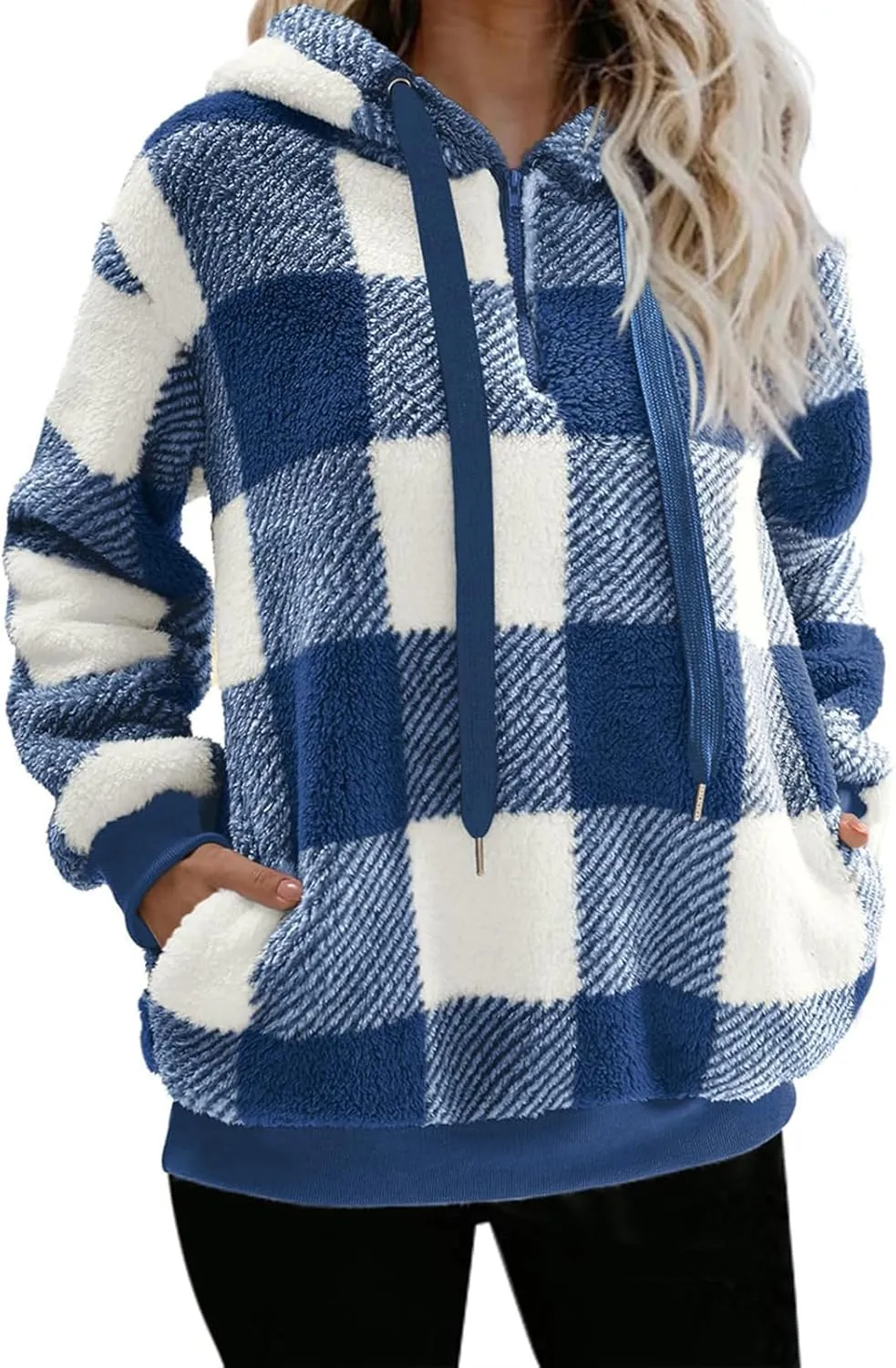 Womens Sherpa Pullover Hoodie Fleece Quarter Zip Sweatshirt Buffalo Plaid Fluffy Coat Outwear
