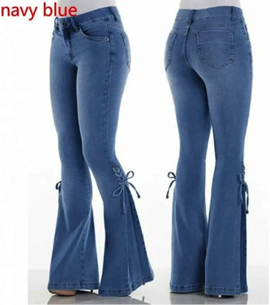 Womens Side Lacing Bell Bottom Flare Jeans Stretch Butt Lifting Vintage Washed Jean Skinny Flared Pants with Pockets