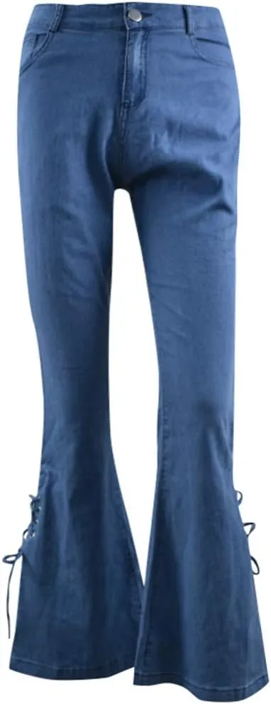 Womens Side Lacing Bell Bottom Flare Jeans Stretch Butt Lifting Vintage Washed Jean Skinny Flared Pants with Pockets