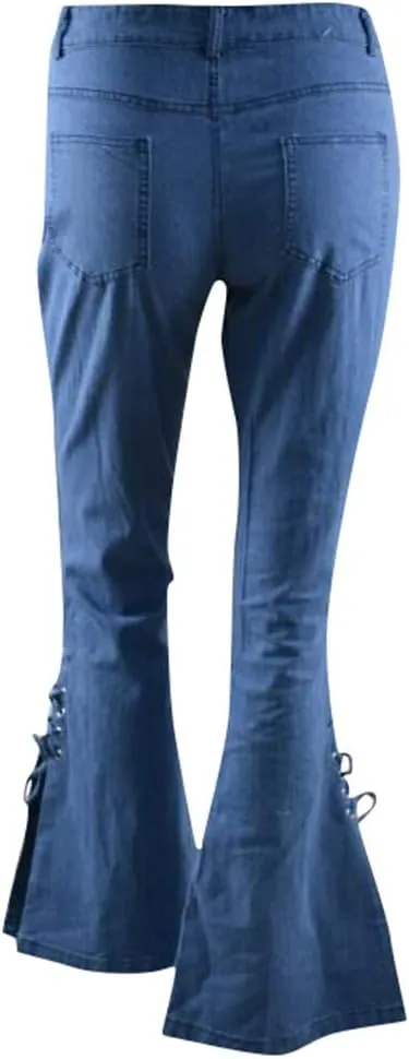 Womens Side Lacing Bell Bottom Flare Jeans Stretch Butt Lifting Vintage Washed Jean Skinny Flared Pants with Pockets