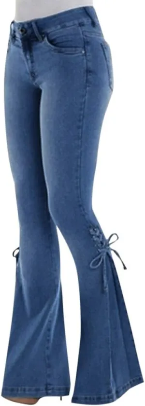 Womens Side Lacing Bell Bottom Flare Jeans Stretch Butt Lifting Vintage Washed Jean Skinny Flared Pants with Pockets
