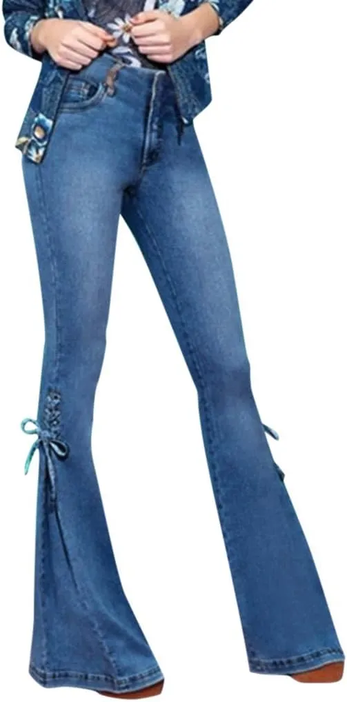 Womens Side Lacing Bell Bottom Flare Jeans Stretch Butt Lifting Vintage Washed Jean Skinny Flared Pants with Pockets