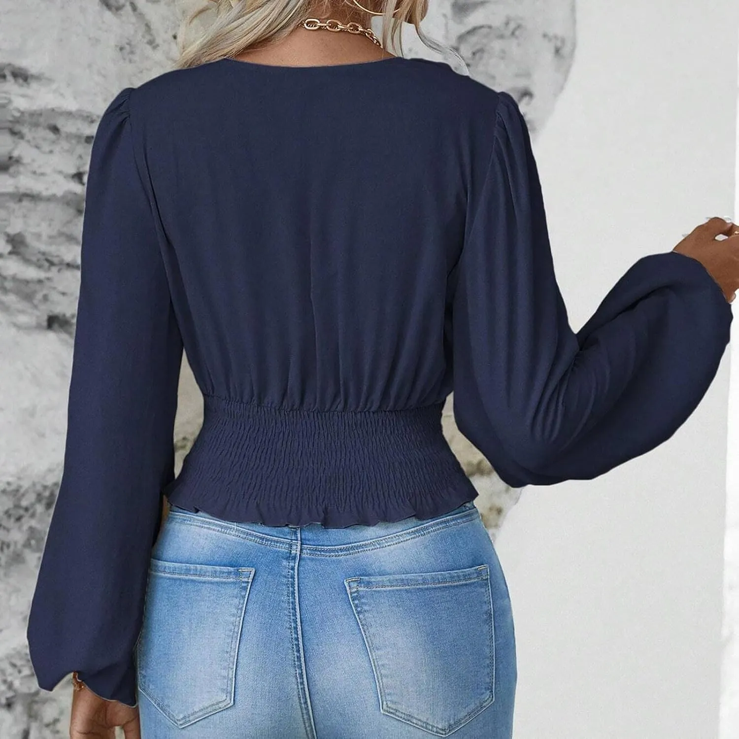 Women's Solid Colour Hoodies Waisted V-Neck Long lantern Sleeve Tops Casual Cropped Fashion Fall Outfits 2024