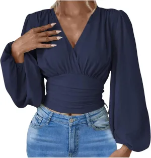 Women's Solid Colour Hoodies Waisted V-Neck Long lantern Sleeve Tops Casual Cropped Fashion Fall Outfits 2024