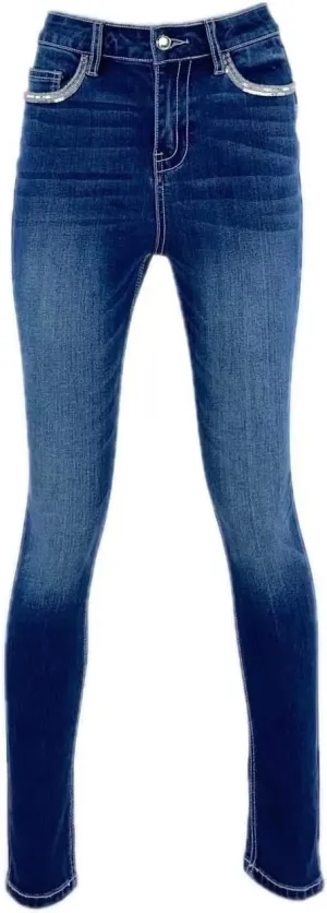 Women's Stretch Embroidered Sequins Stone Crystal Flap Back Pocket Slim Skinny Denim Jeans Pants