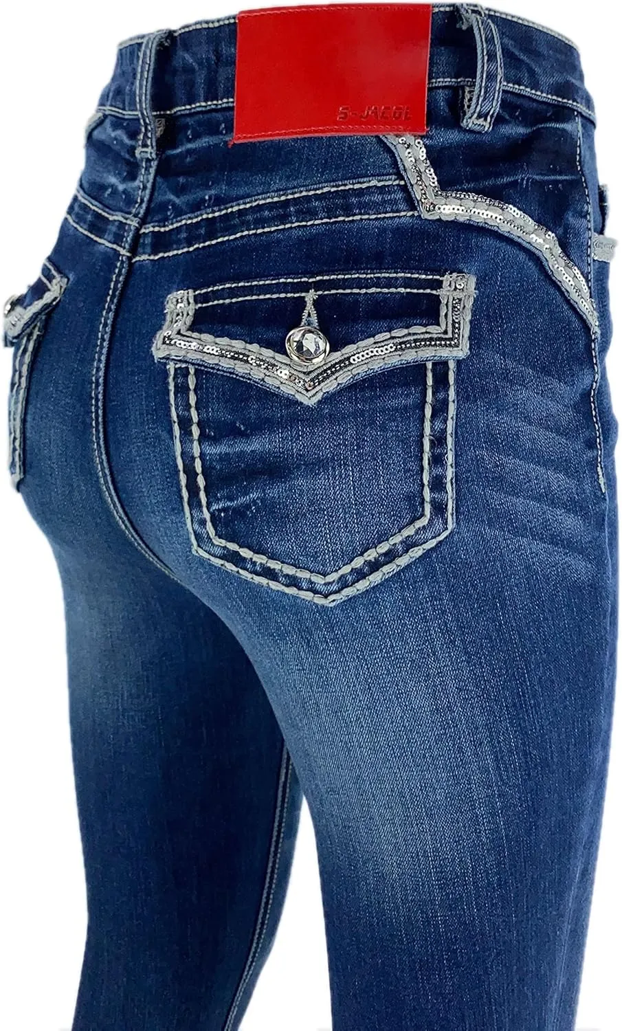 Women's Stretch Embroidered Sequins Stone Crystal Flap Back Pocket Slim Skinny Denim Jeans Pants