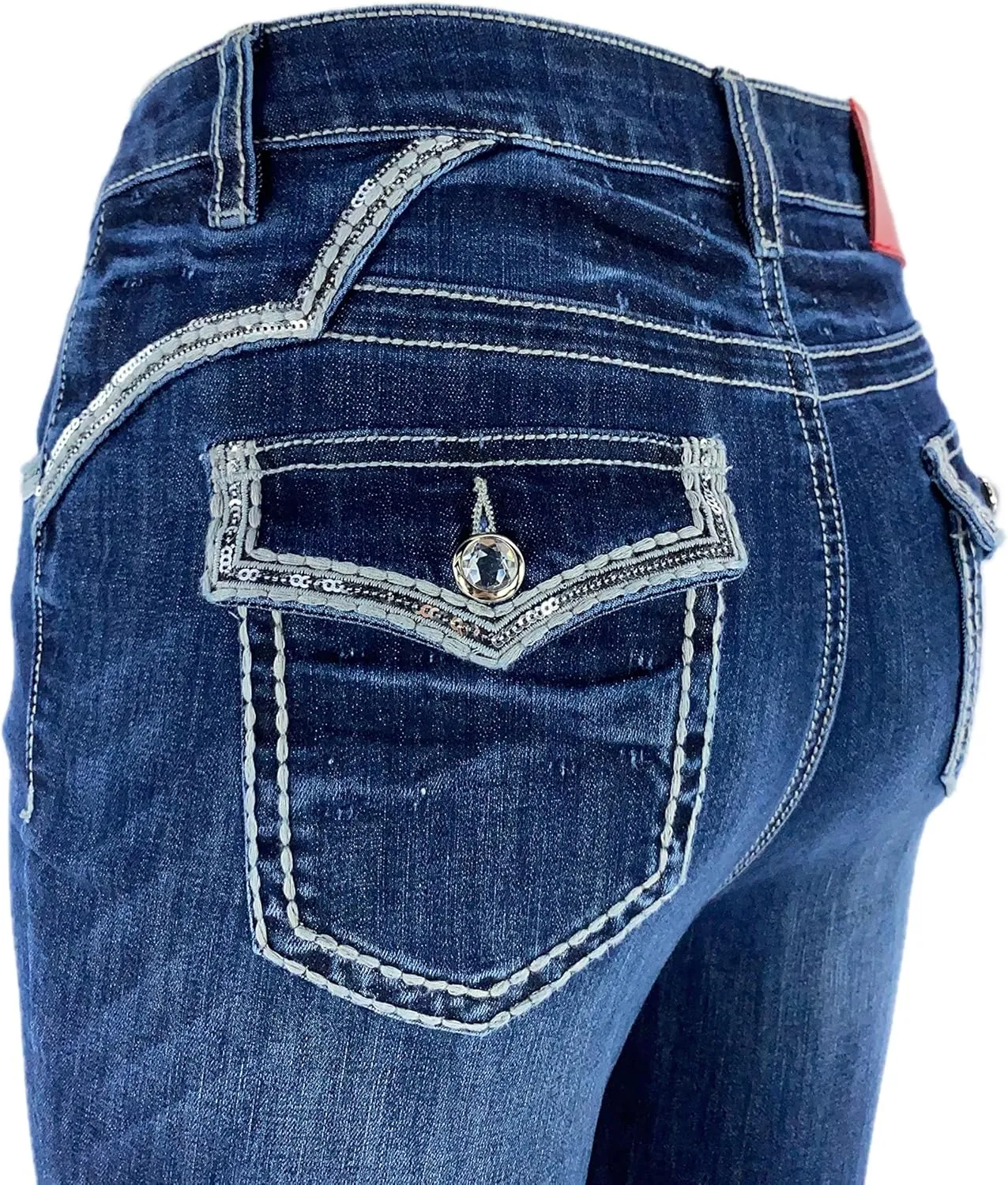 Women's Stretch Embroidered Sequins Stone Crystal Flap Back Pocket Slim Skinny Denim Jeans Pants
