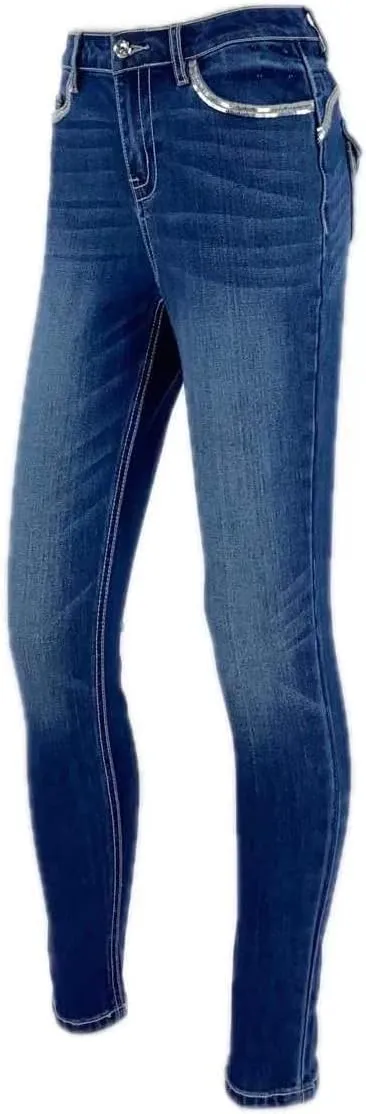 Women's Stretch Embroidered Sequins Stone Crystal Flap Back Pocket Slim Skinny Denim Jeans Pants