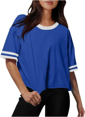 Womens Summer T Shirts Short Sleeve Crew Neck Colorblock Loose Crop Tops Drop-Shoulder Casual Baggy Tees