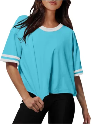 Womens Summer T Shirts Short Sleeve Crew Neck Colorblock Loose Crop Tops Drop-Shoulder Casual Baggy Tees