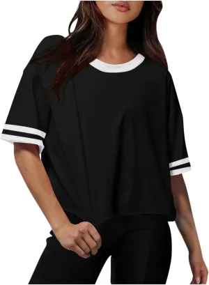 Womens Summer T Shirts Short Sleeve Crew Neck Colorblock Loose Crop Tops Drop-Shoulder Casual Baggy Tees