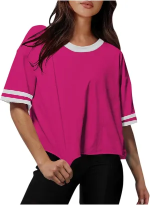 Womens Summer T Shirts Short Sleeve Crew Neck Colorblock Loose Crop Tops Drop-Shoulder Casual Baggy Tees