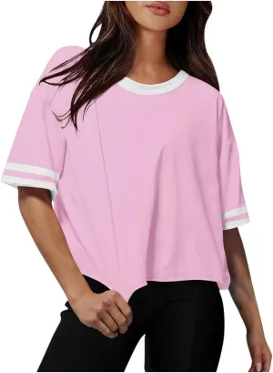 Womens Summer T Shirts Short Sleeve Crew Neck Colorblock Loose Crop Tops Drop-Shoulder Casual Baggy Tees