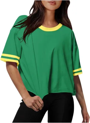 Womens Summer T Shirts Short Sleeve Crew Neck Colorblock Loose Crop Tops Drop-Shoulder Casual Baggy Tees