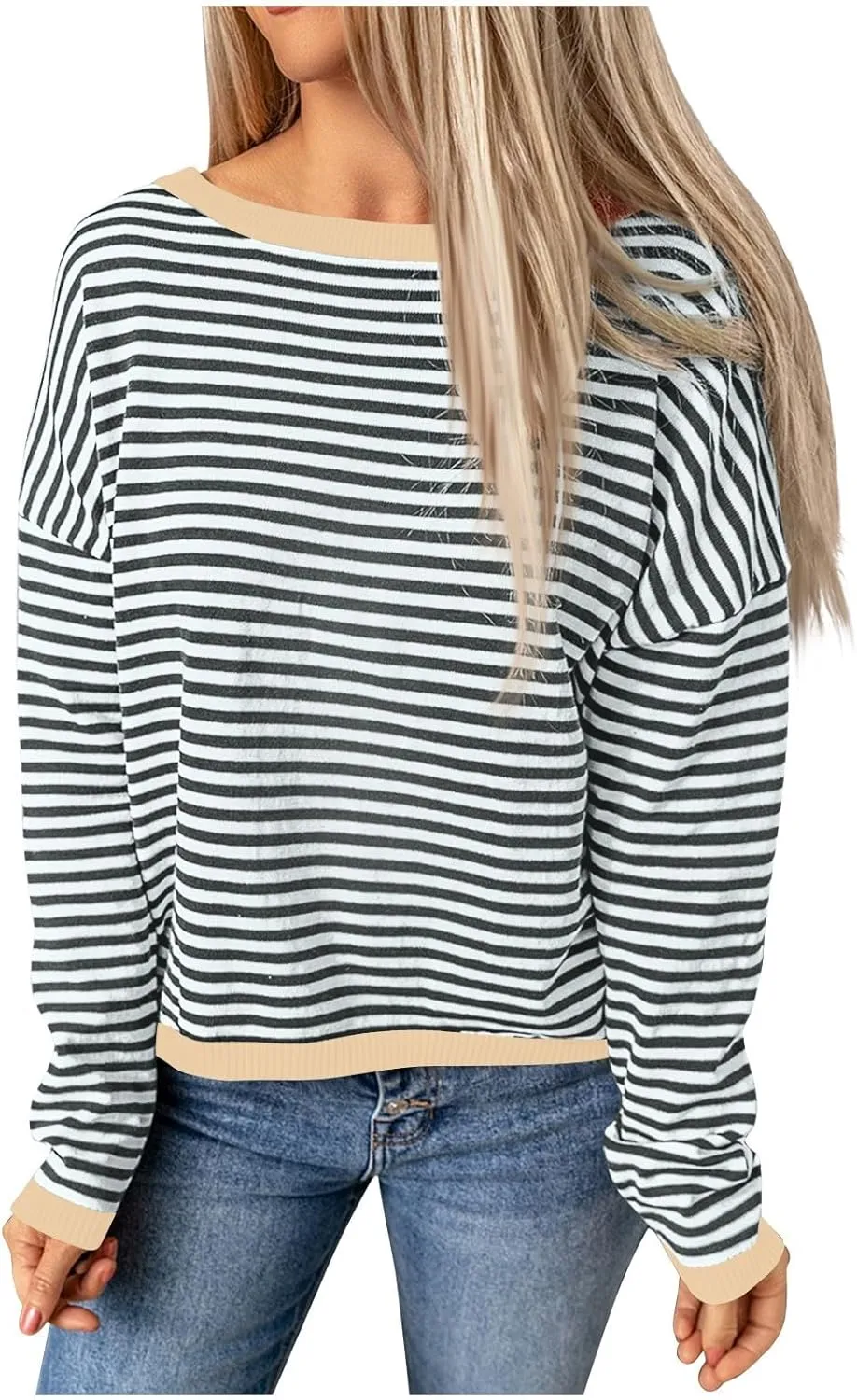 Womens Sweaters Striped Color Block Long Sleeve Casual Loose Knitted Pullover Shirts 2024 Fall Outfits Trendy Tops
