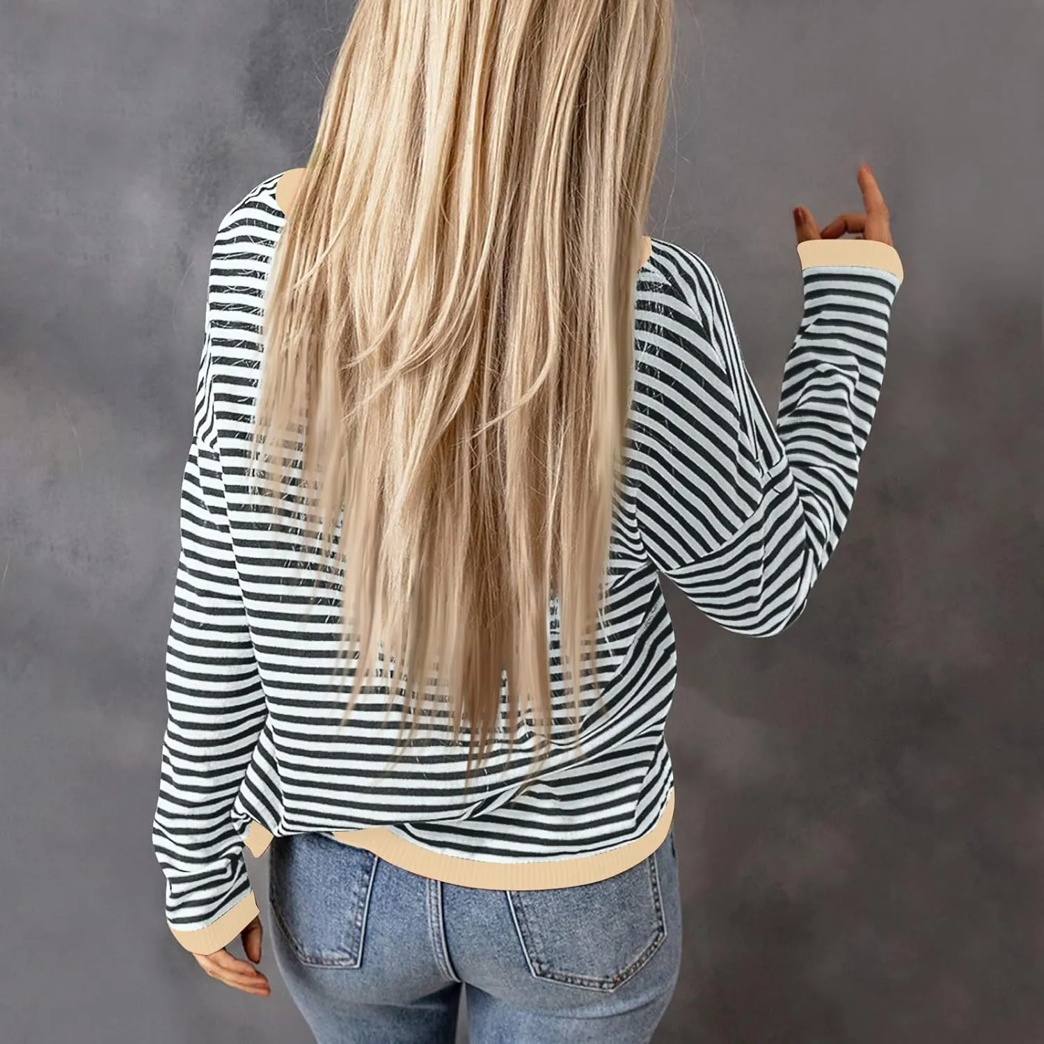 Womens Sweaters Striped Color Block Long Sleeve Casual Loose Knitted Pullover Shirts 2024 Fall Outfits Trendy Tops