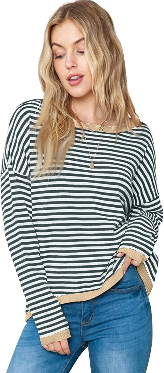 Womens Sweaters Striped Color Block Long Sleeve Casual Loose Knitted Pullover Shirts 2024 Fall Outfits Trendy Tops