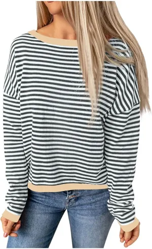 Womens Sweaters Striped Color Block Long Sleeve Casual Loose Knitted Pullover Shirts 2024 Fall Outfits Trendy Tops