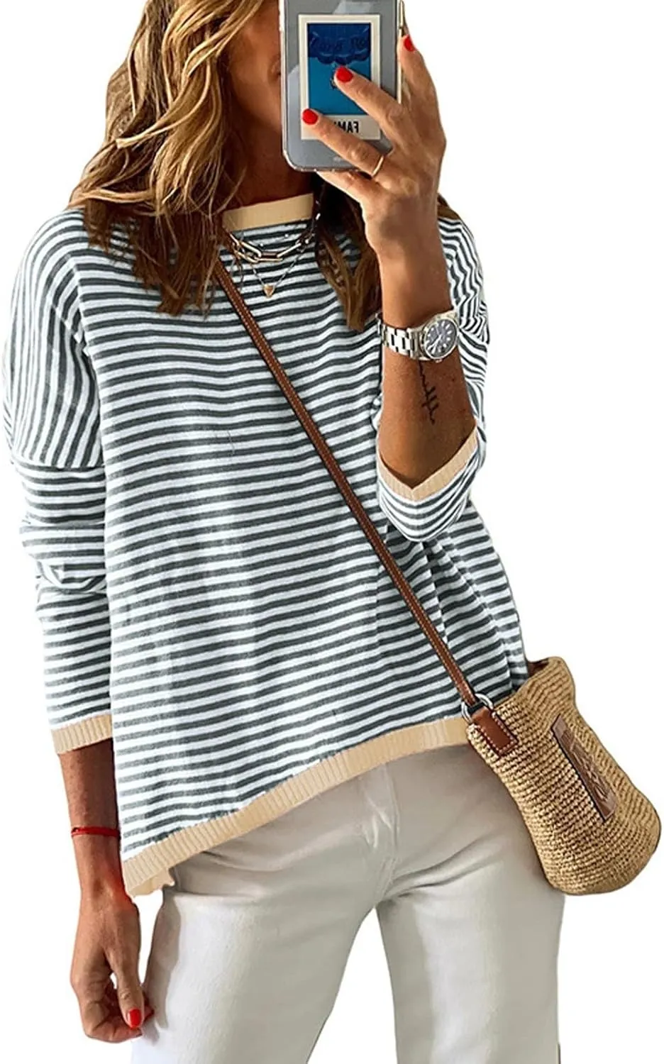 Womens Sweaters Striped Color Block Long Sleeve Casual Loose Knitted Pullover Shirts 2024 Fall Outfits Trendy Tops