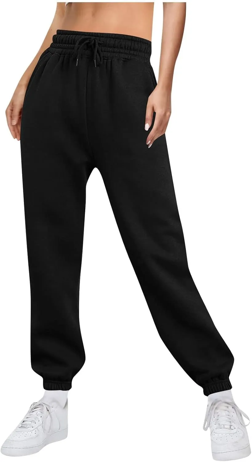 Womens Sweatpants Baggy Fleece Lined Jogger Pants High Waisted Lounge Trousers Cinch Bottom Joggers with Pockets