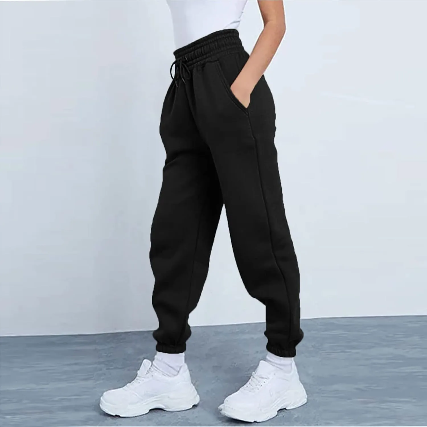 Womens Sweatpants Baggy Fleece Lined Jogger Pants High Waisted Lounge Trousers Cinch Bottom Joggers with Pockets