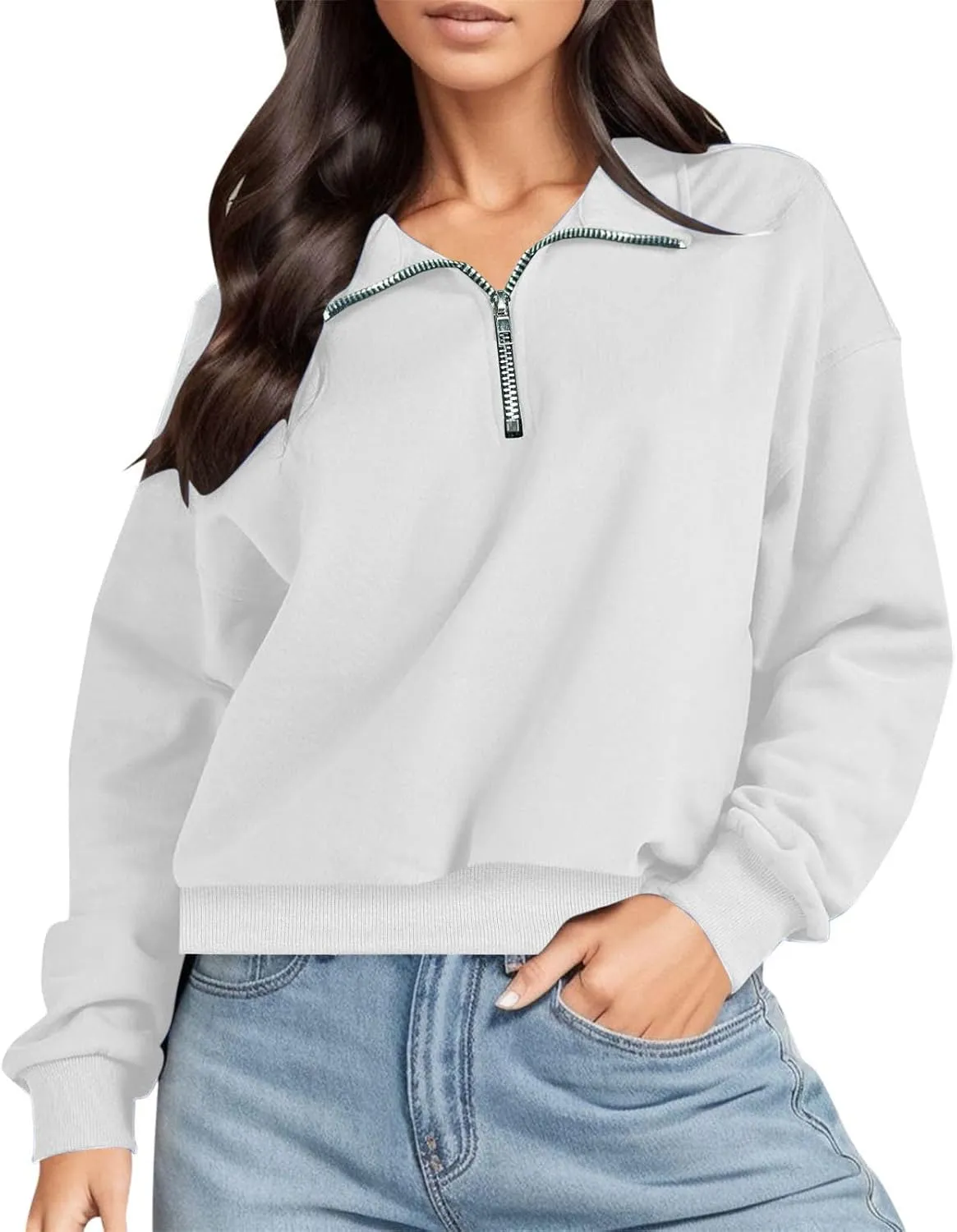 Womens Sweatshirt Cropped Half Zip Pullover Tops Solid Color Lapel Neck Sweatshirs Fleece Fashion Fall Outfits 2024