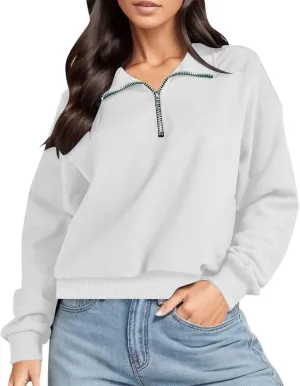 Womens Sweatshirt Cropped Half Zip Pullover Tops Solid Color Lapel Neck Sweatshirs Fleece Fashion Fall Outfits 2024