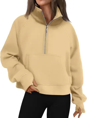 Womens Sweatshirt Fall Half Zip Cropped Sweatshirt Pullover Fleece Quarter Zipper Hoodie Winter Clothes Thumb Hole