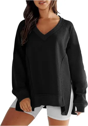 Women's Sweatshirt Side Slit Zipper Pullover V Neck Fleece Sweater for Women Oversized Sweatshirt Trendy Fall Tops