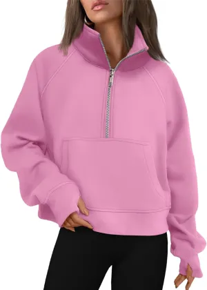 Womens Sweatshirts Half Zip Cropped Pullover Fleece Hoodies Thumb Hole Clothes