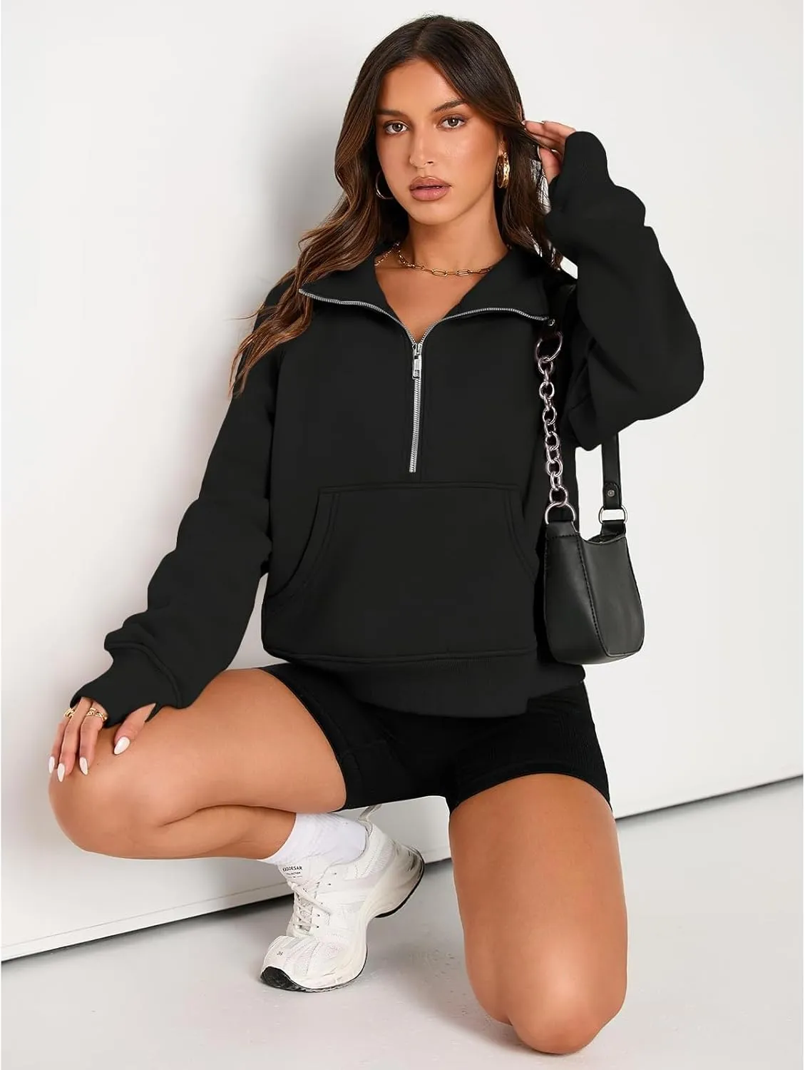 Womens Sweatshirts Half Zip Cropped Pullover Fleece Hoodies Thumb Hole Clothes
