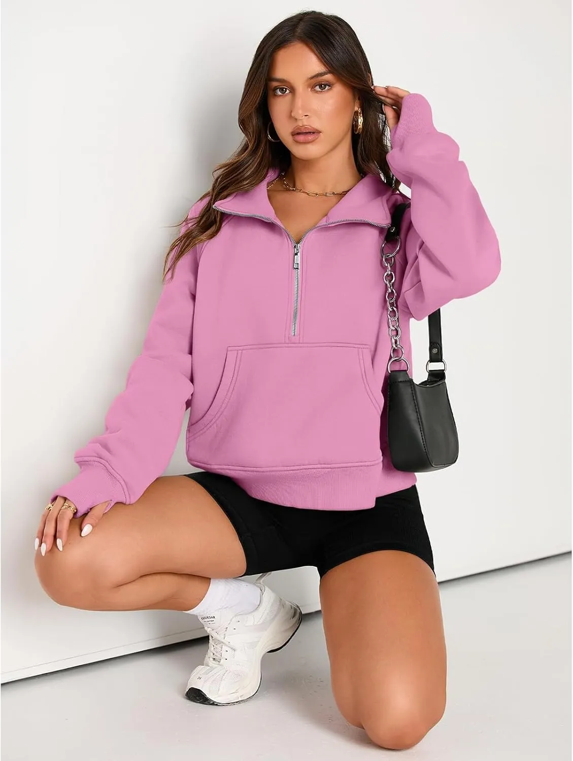 Womens Sweatshirts Half Zip Cropped Pullover Fleece Hoodies Thumb Hole Clothes