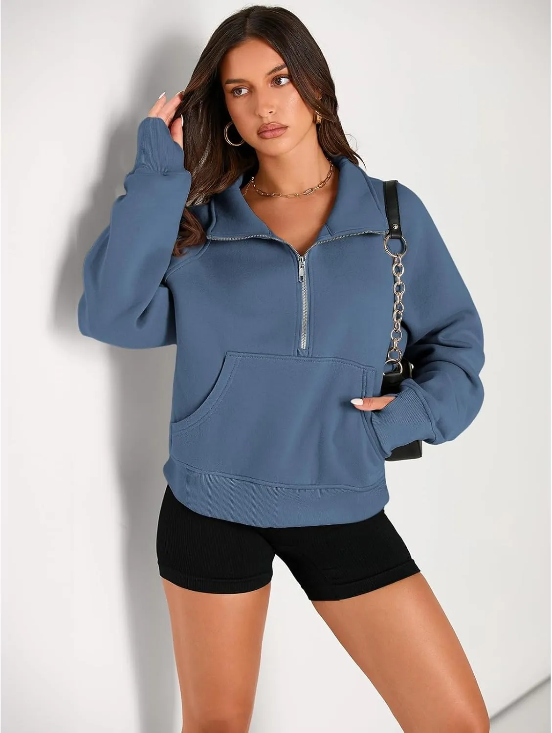 Womens Sweatshirts Half Zip Cropped Pullover Fleece Quarter Hoodies Fall Outfits Casual Hooded Y2k Winter Clothes