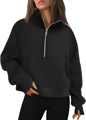 Womens Sweatshirts Half Zip Cropped Pullover Fleece Quarter Hoodies Fall Outfits Casual Hooded Y2k Winter Clothes