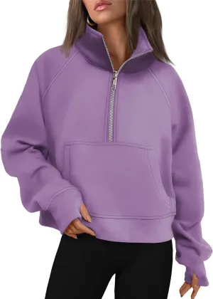 Womens Sweatshirts Half Zip Cropped Pullover Fleece Quarter Hoodies Fall Outfits Casual Hooded Y2k Winter Clothes