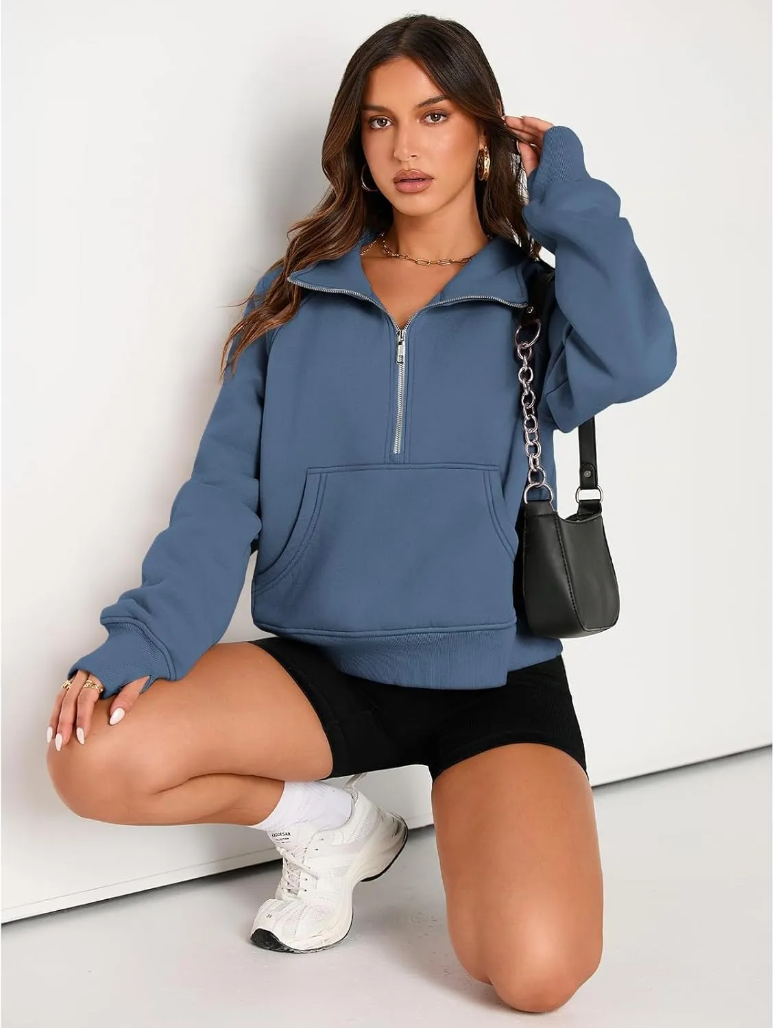 Womens Sweatshirts Half Zip Cropped Pullover Fleece Quarter Hoodies Fall Outfits Casual Hooded Y2k Winter Clothes