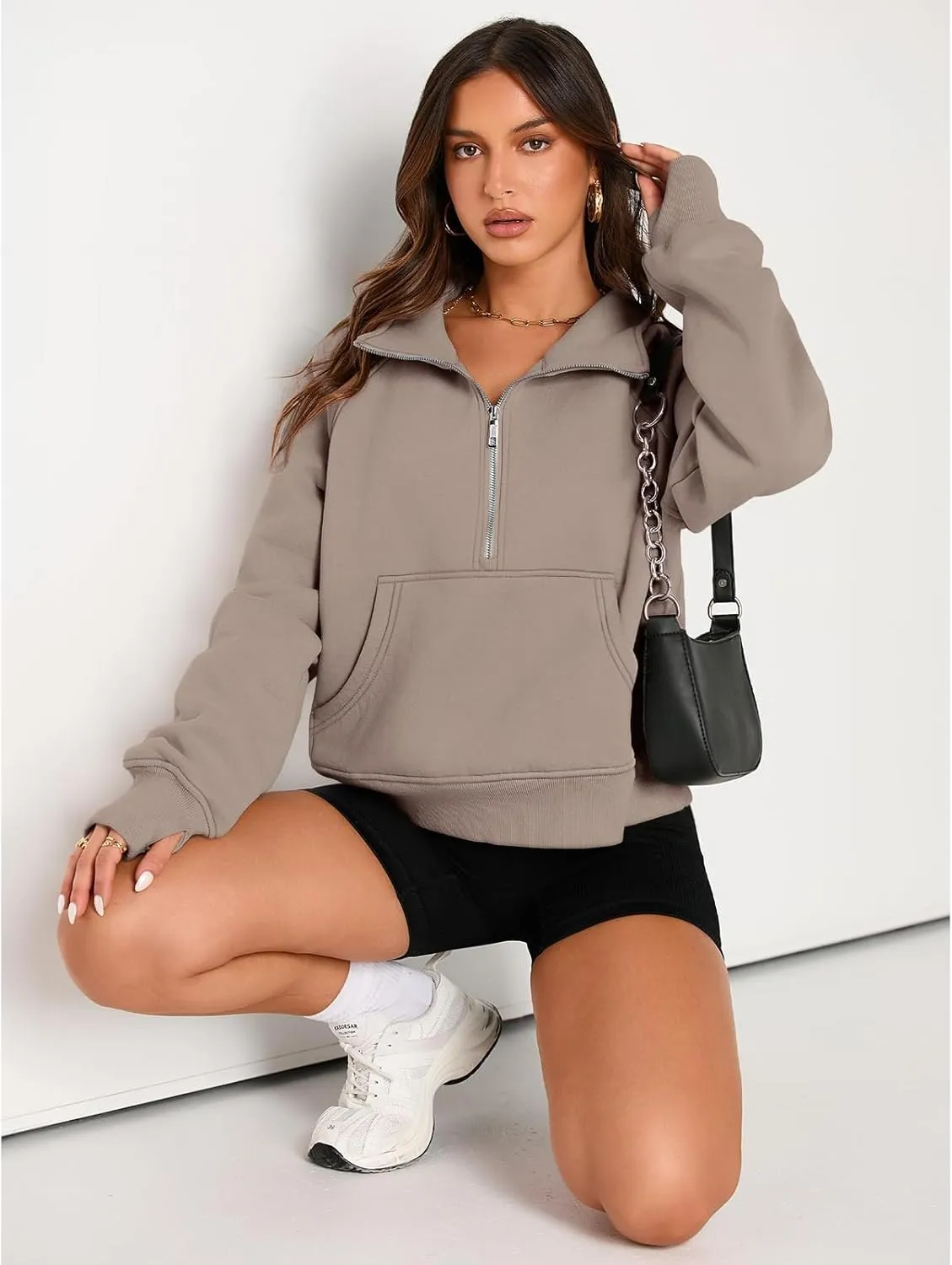Womens Sweatshirts Half Zip Cropped Pullover Fleece Quarter Hoodies Fall Outfits Casual Hooded Y2k Winter Clothes