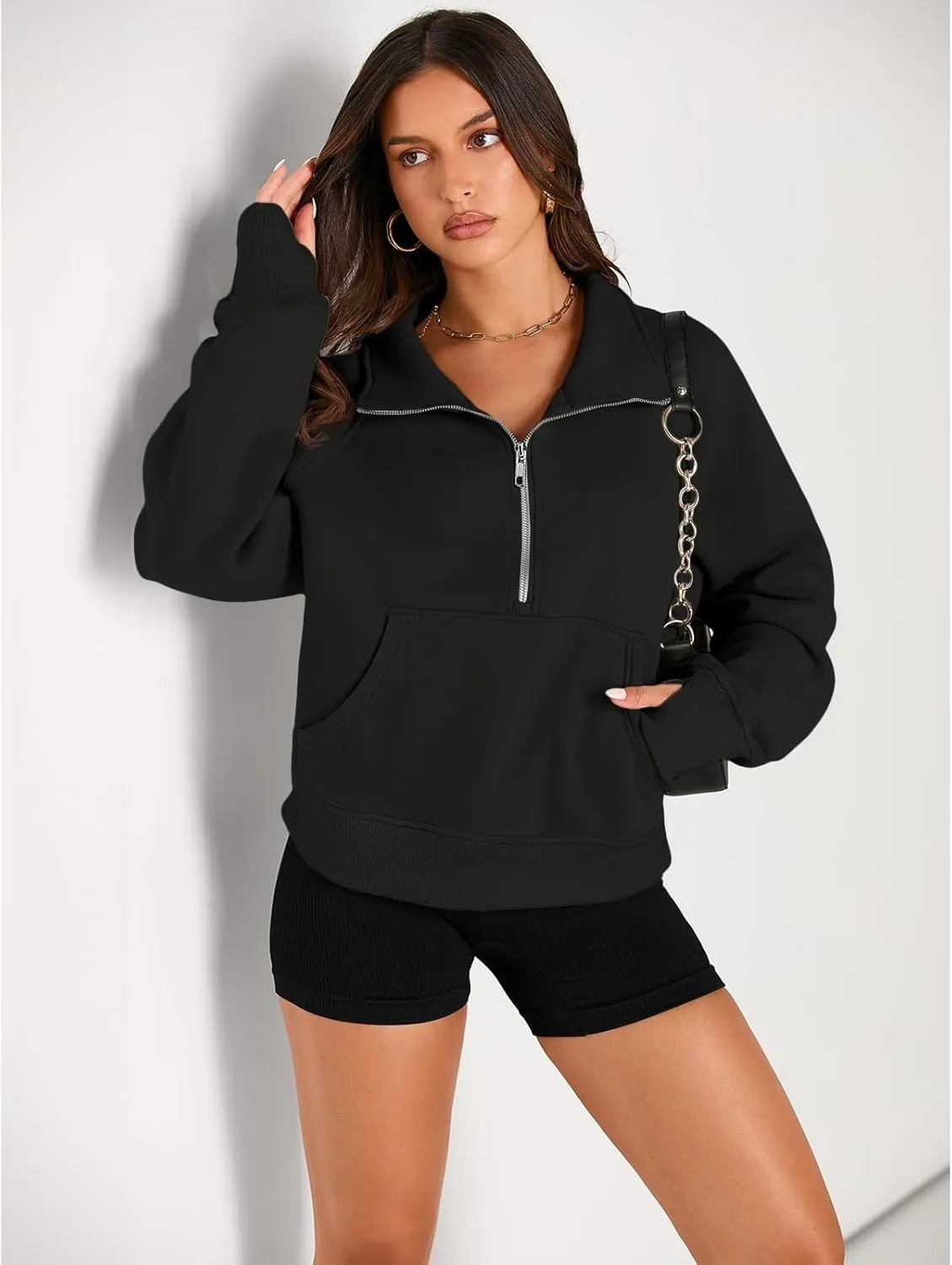 Womens Sweatshirts Half Zip Cropped Pullover Fleece Quarter Hoodies Fall Outfits Casual Hooded Y2k Winter Clothes