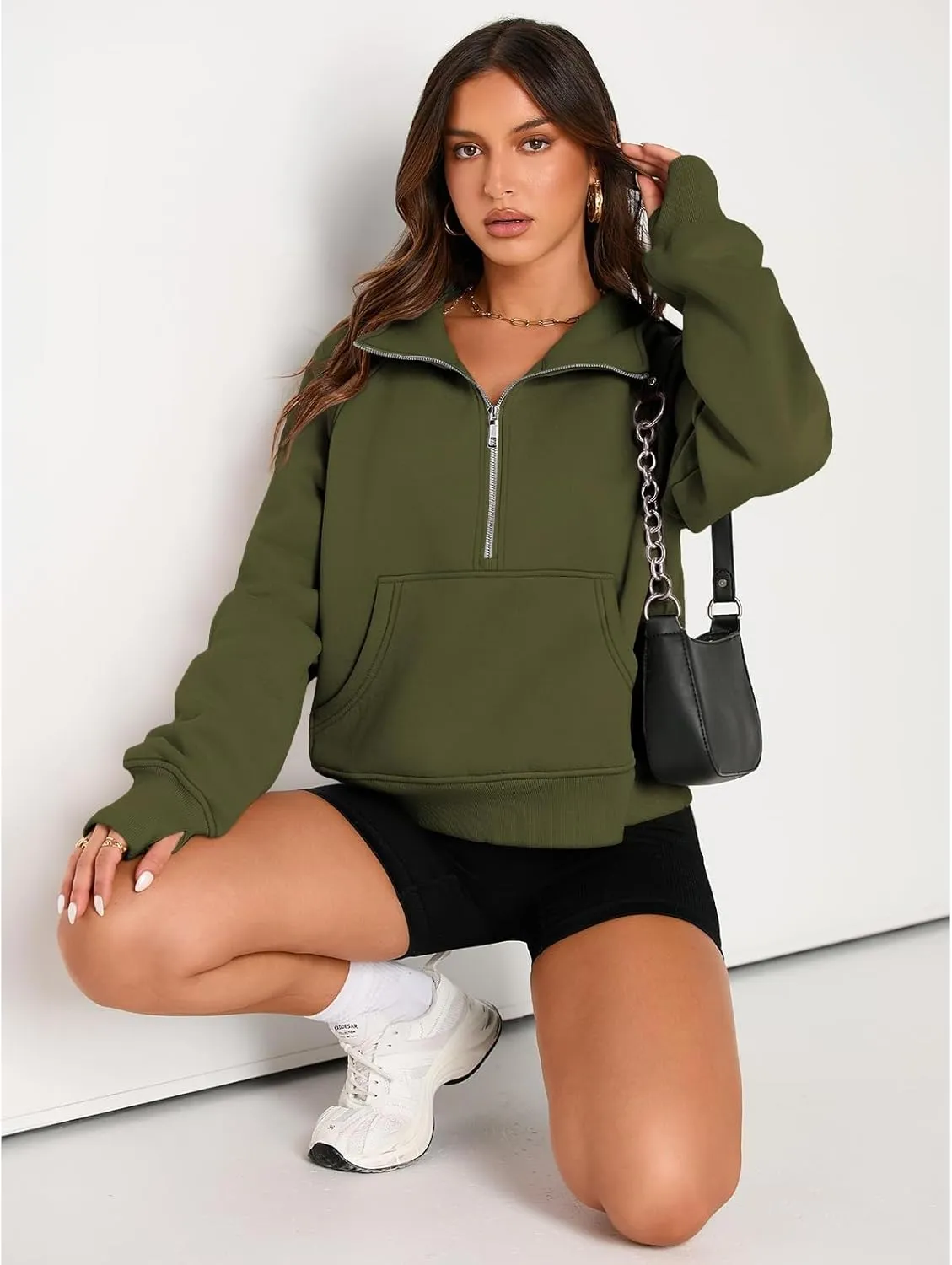 Womens Sweatshirts Half Zip Cropped Pullover Fleece Quarter Hoodies Fall Outfits Casual Hooded Y2k Winter Clothes